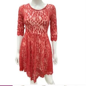 Free People Size 6 Women’s Slip Dress W/ Lace Overlay 3/4 Sleeves Red And Cream